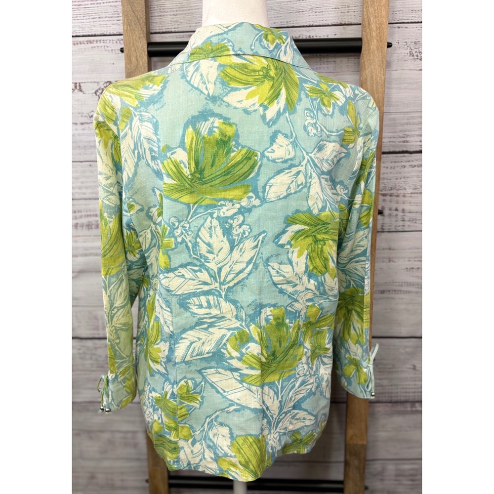 JM Collection 100% Linen Button Down Floral Blue Green 3/4 Sleeve Tie Cuff - Picture 8 of 10